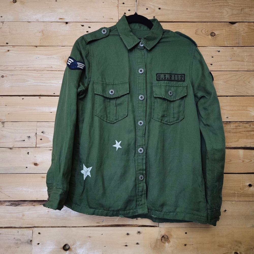 Rails Kato Military Shirt Jacket Olive Green Star Patch Linen Blend XS